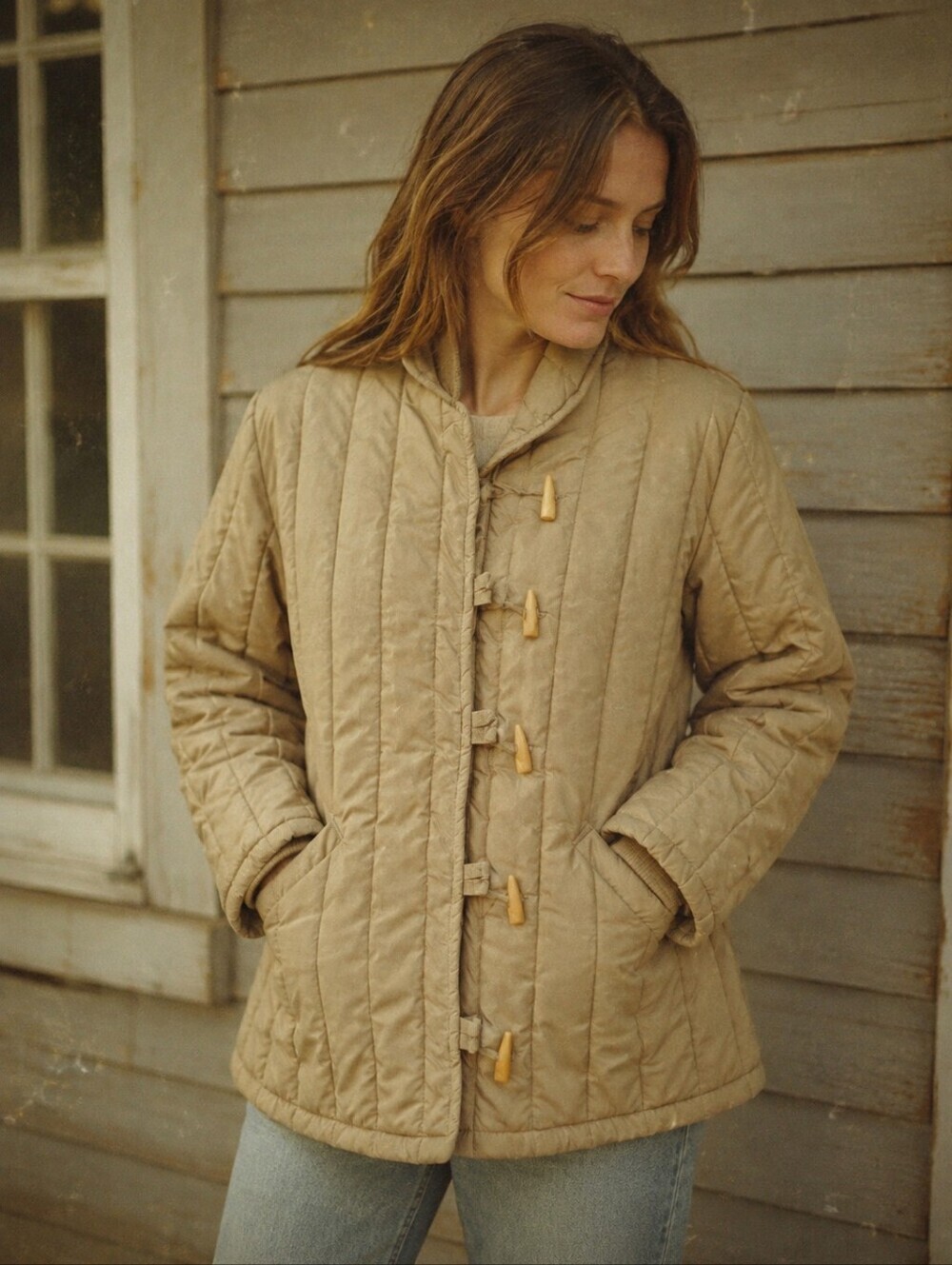 Vintage Eddie Bauer Women's Quilted Coat Medium M Taupe Toggle & Zipper Neutral